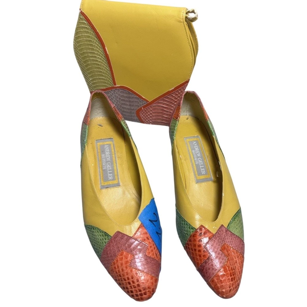 Andrew Geller‎ Boutique Vintage Patchwork Snakeskin Pumps & Bag Set Yellow 9.5B